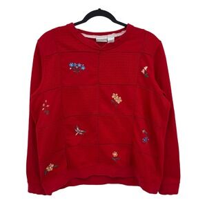 VTG Koret Women's L Red Floral Embroidered‎ Sweatshirt Quilt Stitch Pullover